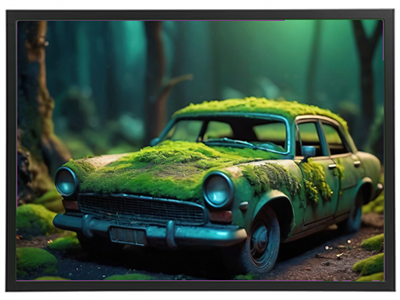 En gammel bil dækket af mos står i en tåget skov, omgivet af grønne nuancer.