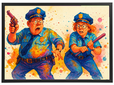 Et farverigt billede af to overraskede politibetjente, der ser ud til at reagere på en trussel.