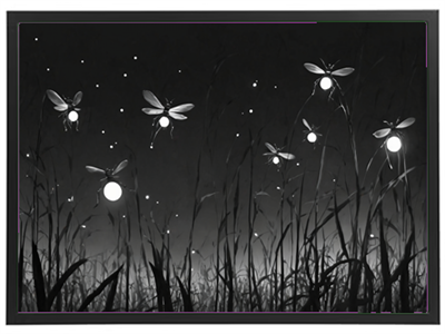 En sort-hvid illustration af ildfluer, der svæver over græsset i natten.