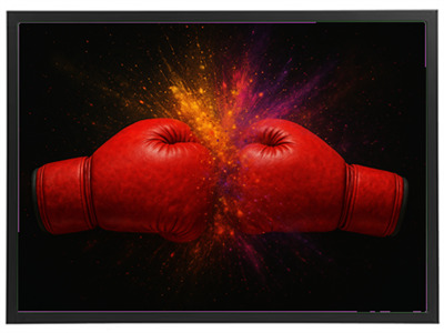 To røde boksehandsker mødes i et farverigt eksplosion, der symboliserer kamp og energi.