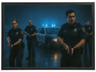 En gruppe politibetjente står klar med våben i regnvejr, med blå lys fra en politibil i baggrunden.