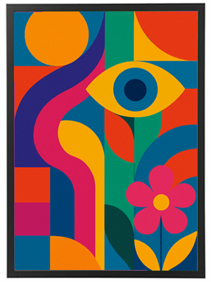 Et livligt og farverigt abstrakt billede med former, et øje og en blomst.