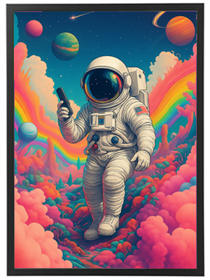 Et surrealistisk billede af en astronaut, der svæver i et farverigt, drømmende rumlandskab.