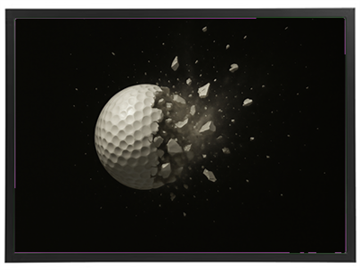 En golfbold, der eksploderer i en sky af fragmenter og støv mod en mørk baggrund.