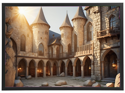 En smuk slotgård med tårne, buer og stenbygninger, oplyst af sollys.