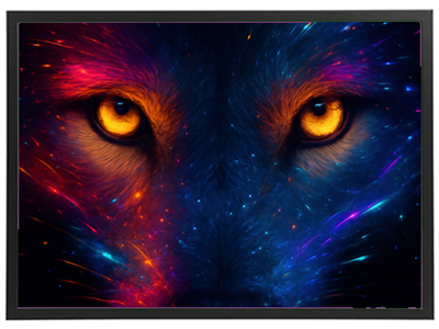 Et detaljeret billede af en ulvs ansigt med farverige, galaktiske effekter og strålende orange øjne.