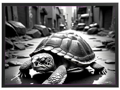 En realistisk skildpadde bevæger sig langs en grå, stenbelagt gade i en urban setting.