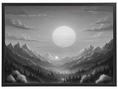 Et sort-hvidt landskab med majestætiske bjerge og en stor måne i centrum.