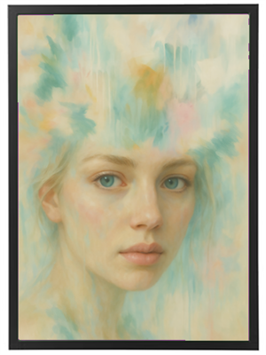 Et maleri af en ung kvinde med lys hud og blå øjne, omgivet af bløde pastelfarver.