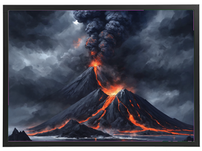 Et dramatisk billede af en vulkan, der udbrud med lava og røg i en stormfuld himmel.