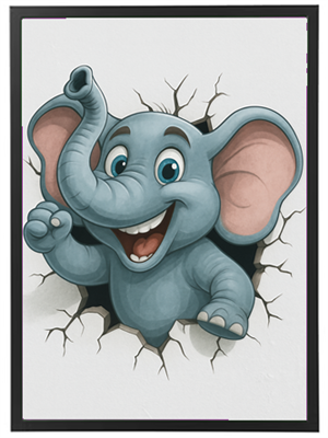 En sød, tegneserieagtig elefant smiler og rækker en hånd ud gennem en revne i væggen.