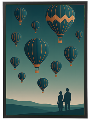 En stiliseret illustration af en par, der holder hænderne, mens de ser på luftballoner svæve i en farverig himmel.