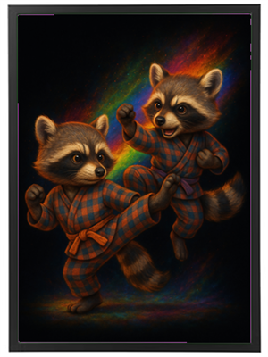 To søde vaskebjørne i farverige kimonoer, der kæmper i en fantasifuld baggrund.