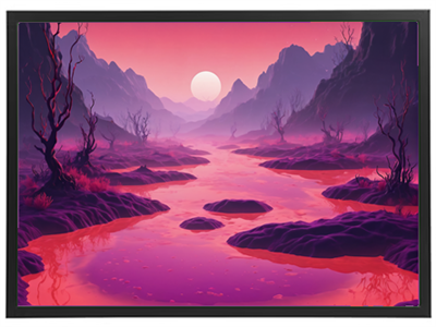 Et surrealistisk landskab med en pink flod, bjerge og en stor sol i horisonten.