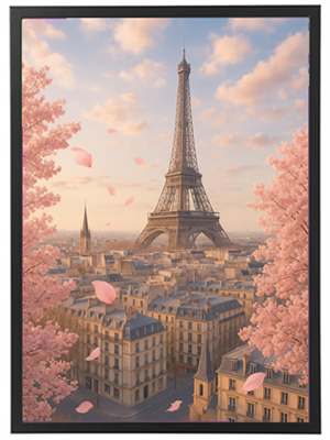 En smuk udsigt over Eiffeltårnet omgivet af kirsebærblomster under en pastelfarvet himmel.