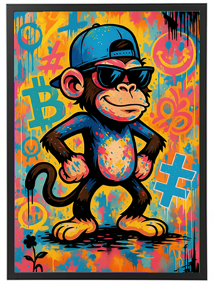 Et grafisk billede af en cool abekat iført solbriller og en kasket, omgivet af livlige farver.