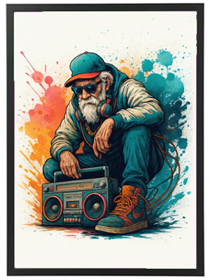 Et farverigt kunstværk af en ældre mand iført streetwear, der sidder med en boombox.