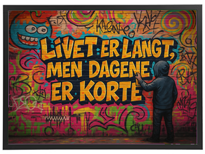 En farverig vægkunst med teksten Livet er langt, men dagene er korte, der reflekterer over livets flygtighed.