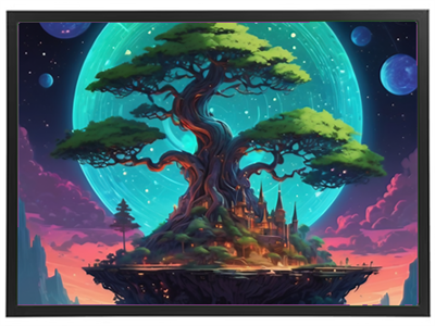 Et storslået træ med en by under det, omgivet af en lysende måne og farverige planeter.