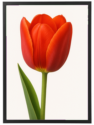 En enkelt rød tulipan med grønne blade, præsenteret på en lys baggrund.