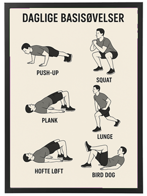 Illustration af seks grundlæggende træningsøvelser: push-up, squat, plank, lunge, hofteløft og bird dog.