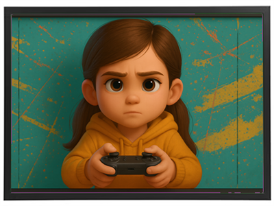 En ung pige med en alvorlig mine holder en spillecontroller, klar til at spille.