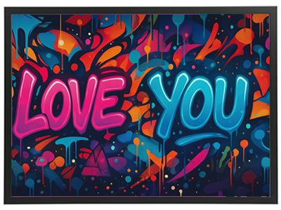 Et farverigt grafisk kunstværk med teksten LOVE YOU i pink og blå nuancer på en mørk baggrund.
