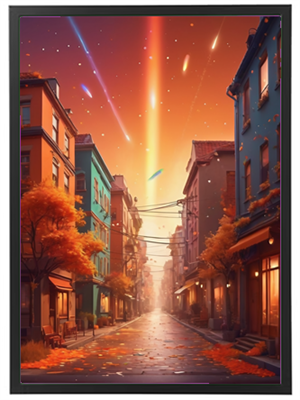 En farverig gade med træer i efterårsfarver og en dramatisk solnedgang.