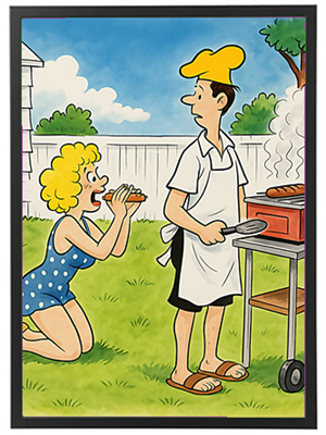 En humoristisk scene med en kvinde i badetøj, der beder en mand om mad fra grillen.