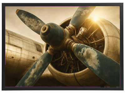 Et nærbillede af en vintage flymotor med en slidt propeller, oplyst af solens stråler.