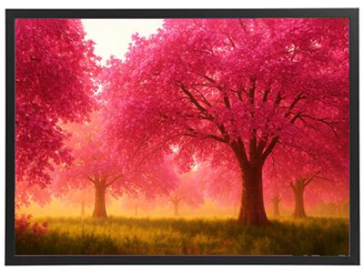 En betagende skov med lyserøde kirsebærtræer, der strækker sig mod en gylden horisont.