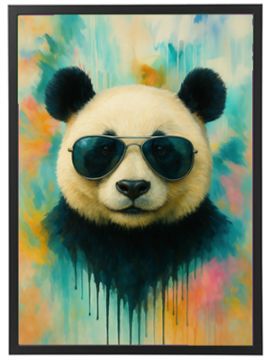 Et farverigt portræt af en panda iført solbriller, med abstrakte baggrunde.