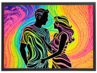 Et farverigt og abstrakt billede af et par, der står tæt sammen med bølgende mønstre i baggrunden.