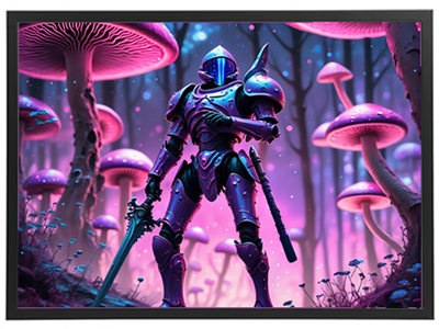 En mystisk ridder i glinsende rustning står blandt farverige svampe i en drømmeagtig skov.