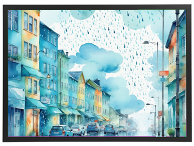 Et maleri af en farverig gade under regn, med bygninger i pastelfarver og biler.