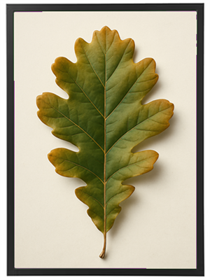 Et smukt egeblad med nuancer af grønt og brunt, præsenteret i en ramme.