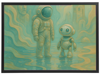Et maleri af en astronaut og en robot, der står i et surrealistisk, drømmende landskab.