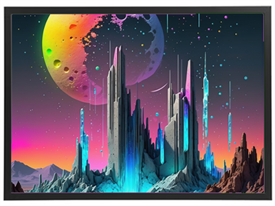 Et farverigt og surrealistisk billede af en futuristisk verden med høje klippeformationer og en stor planet i baggrunden.