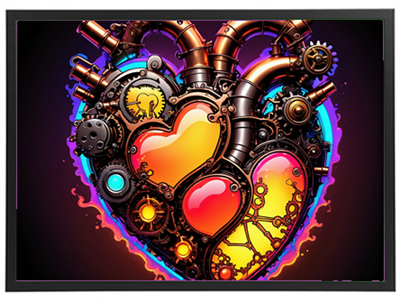 Et farverigt steampunk-inspireret hjerte lavet af metalrør og gear, der symboliserer kærlighed og mekanik.