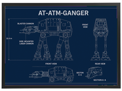 En teknisk tegning af AT-ATM-Ganger, der viser forskellige perspektiver og detaljer.