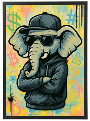 Et farverigt grafisk billede af en elefant iført solbriller og en hoodie, der udstråler coolness.