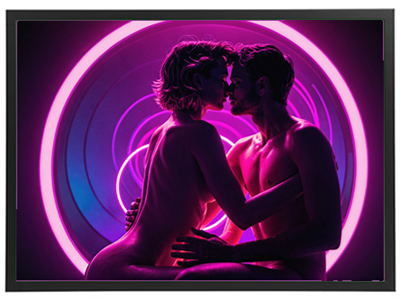 Et kunstnerisk billede af et par, der deler et intimt øjeblik i et farverigt neonmiljø.