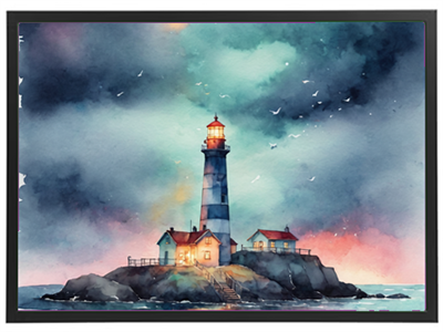 Et smukt akvarelmaleri af et fyrtårn på en klippeø under en dramatisk himmel.