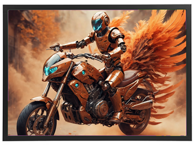 En futuristisk robot rytter på en motorcykel, prydet med farverige vinger, i en dramatisk landskab.