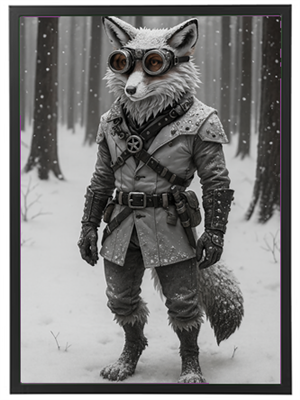 En antropomorf ræv iført briller og en eventyrlig dragt står i en snefyldt skov.