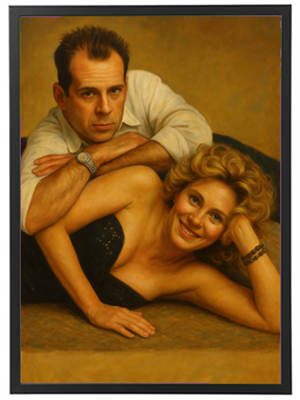 Et maleri af et par, hvor manden ligger bag kvinden, som smiler. Baggrunden er neutral.