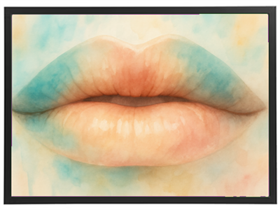 Et akvarelmaleri af en sæt læber med bløde farver og nuancer.