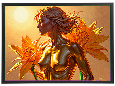En stiliseret kvindefigur med gylden hud, omgivet af store, gule lotusblomster under en solopgang.