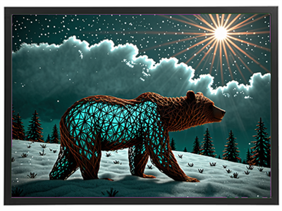 Et kunstnerisk billede af en bjørn med geometriske former, omgivet af sne og træer under en strålende sol.