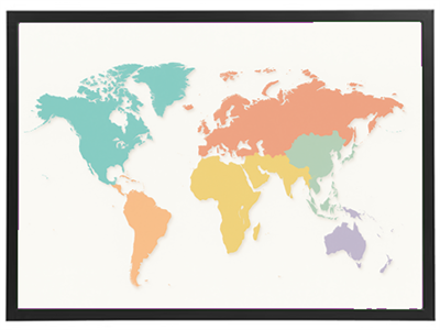 Et stiliseret verdenskort med farverige konturer af kontinenter.